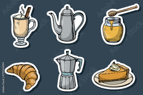 A collection of food and beverage items including a cup of coffee, a silver teapot, a jar of honey, a croissant, a moka pot, and a slice of cheesecake on a plate.