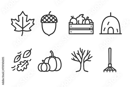 Autumn icons: leaf, acorn, harvest, pumpkins, bare tree, rake, and fall elements