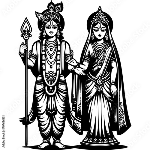 Divine Union: A serene black and white line art illustration depicts a radiant couple, exuding peace and representing an eternal bond of togetherness. 