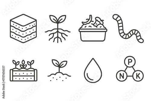 Organic farming symbols: compost, seedling, worm, soil, water, nutrients