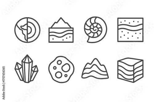 Geology icons: earth layers, crystals, fossils, minerals, mountain line art