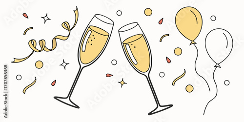 New Year champagne toast vector illustration. Glasses clinking, sparkling wine pouring, confetti, and party decorations. Elegant and festive holiday celebration concept. Isometric/vector art.
