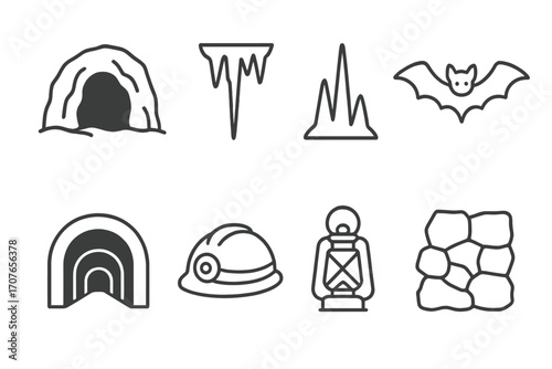 Cave exploration icons: helmet, lantern, bat, stalactite, tunnel, rocks