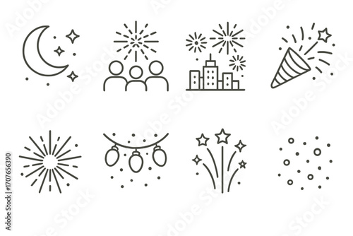 Minimalist celebration icons set: fireworks, moon, party elements on white background