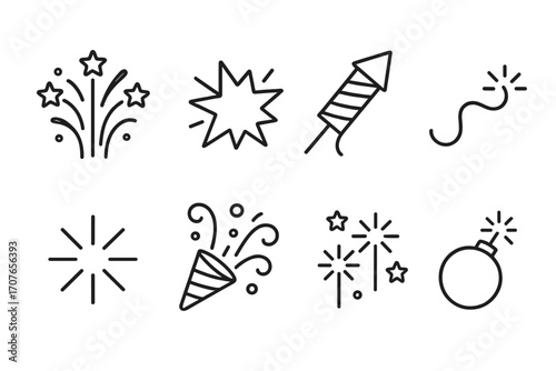 Line art icons of fireworks and party elements with various celebratory designs