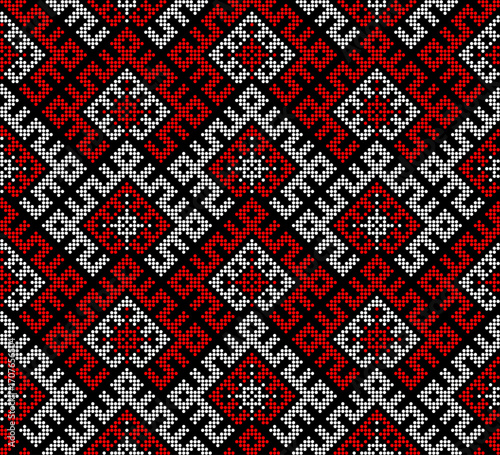 Traditional Ukrainian ornament vector, red and black cross-stitch seamless pattern, ethnic vyshyvanka embroidery, folk geometric background for print, fabric, clothing, website, banner