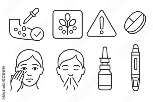 Allergy symptoms and remedies icons including face, sneezing, nasal spray, medicine, and warning signs