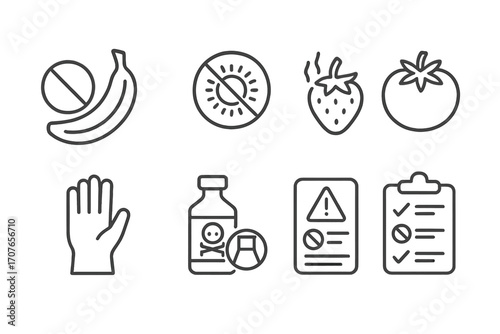 Food allergy and safety icons featuring fruits, warning labels, and safety measures