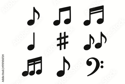 Assorted musical notes and symbols on white background