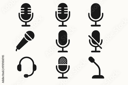 Diverse microphone icons collection featuring various audio equipment symbols