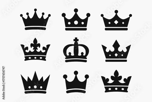Collection of nine black crown icons featuring various ornate designs on white background
