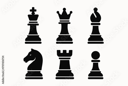 Silhouette icons of chess pieces: king, queen, bishop, knight, rook, pawn