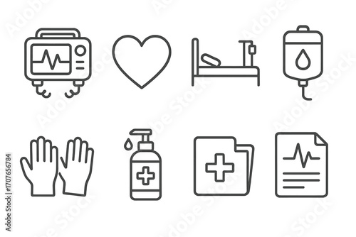 Medical icons: heart, bed, iv, gloves, sanitizer, health document, ekg display