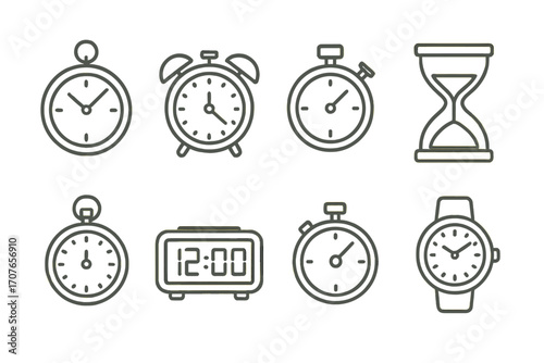 Diverse clock and timer icon set featuring stopwatch, alarm, and hourglass designs