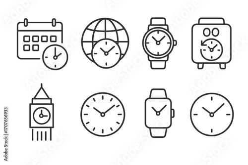 Variety of clock and time icons including calendar and global clock designs