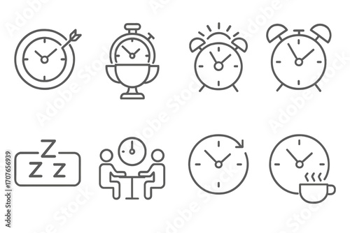 Clock and time icon set featuring alarms, meetings, and sleep symbols