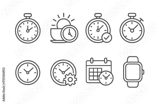Set of outline icons featuring various clocks, stopwatch, calendar, and gear