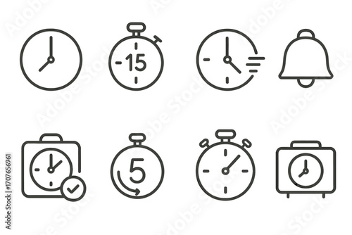 Set of eight minimalist time and alarm icons in black and white