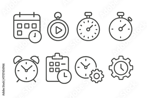 Collection of time management icons featuring clocks and calendars
