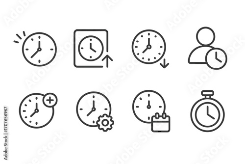 Minimalist clock icon set: time management and scheduling symbols