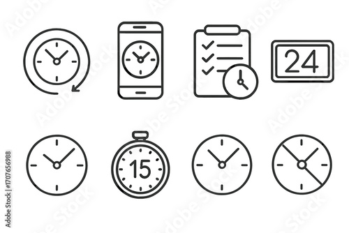 Simple line icons of clocks, mobile, stopwatch, and calendar