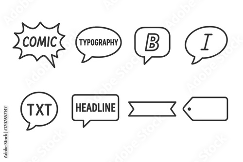 Set of comic speech bubbles and typography icons featuring bold and italic styles