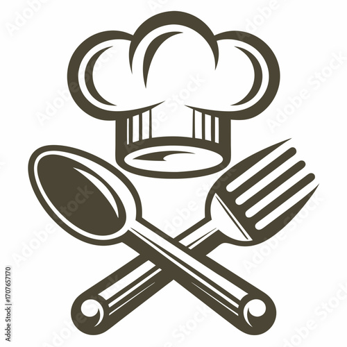 Chef hat icon above crossed fork and spoon creates a culinary logo symbol