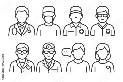 Line art: diverse medical professionals - male and female icons