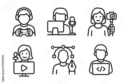 Outline icons of digital activities: gaming, streaming, vlogging, coding, designing