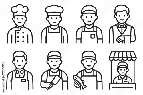 Outline icons of diverse male professionals in various occupations