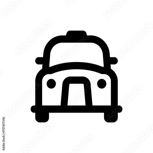 Stylized front view of a black car with rounded features and a taxi light on top in a simple icon style