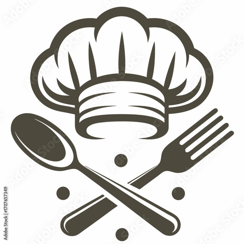 Chef's hat is shown above the crossed spoon and fork with dots around it