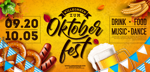 Oktoberfest Party Banner Illustration with Fresh Lager Beer, Pretzel and Sausage on Yellow Background. Vector Traditional German Beer Festival Celebration Flyer Template with Bavaria Party Flag for