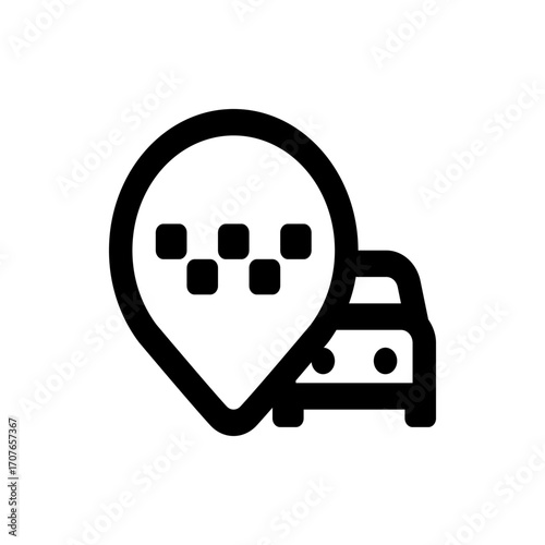 Icon depicting a taxi car with a location pin featuring a checkered pattern in a simple black outline