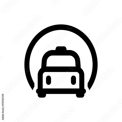 Illustration of a black and white car inside a circle viewed from the front in a simple and clean style