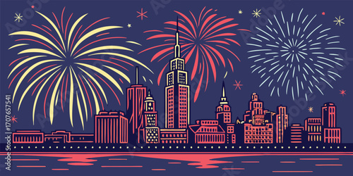 New Year fireworks vector illustration. Colorful fireworks exploding over city skyline with reflections in water. Vibrant and celebratory New Year night concept. Isometric/vector design.