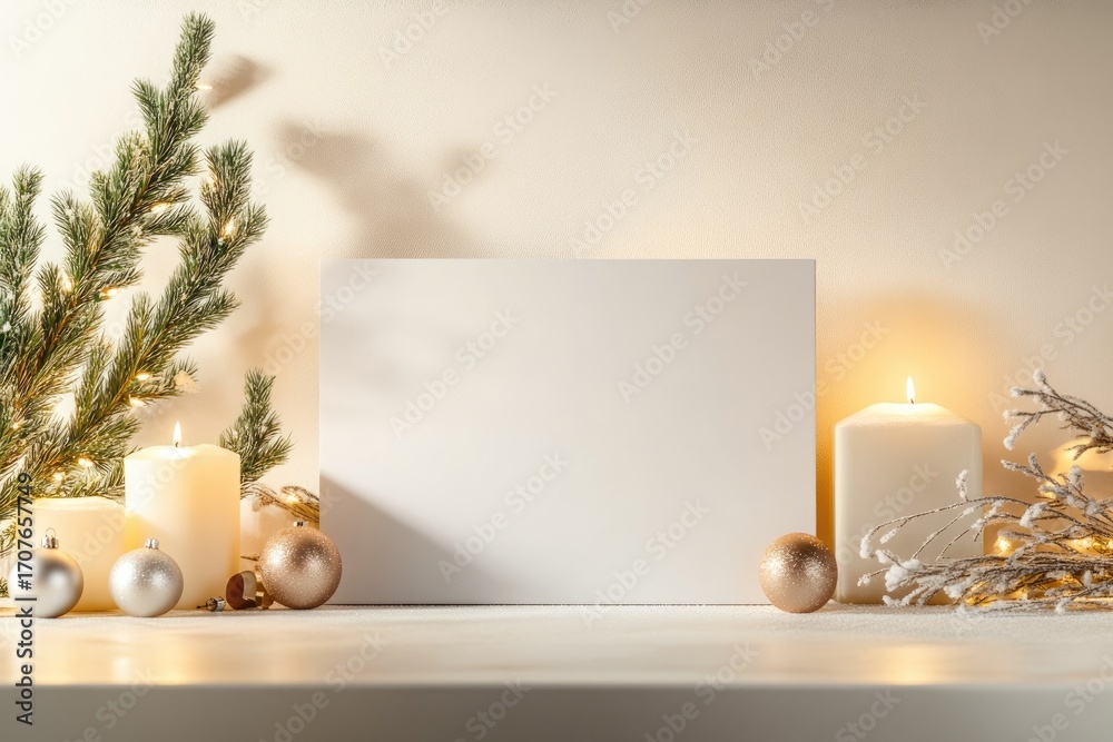 Fototapeta premium Elegant minimalist holiday scene with candles and gifts