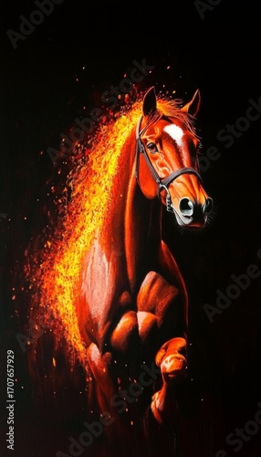 Fiery Horse Illustration A Bold Red Steed Charging on Black Canvas, Exuding Power and Energy