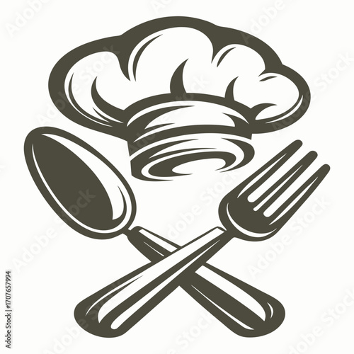 Chef's hat sits atop crossed fork and spoon in culinary themed artwork