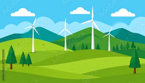 A serene illustration depicts wind turbines atop lush green hills under a blue sky dotted with fluffy white clouds. Evergreen trees dot the landscape