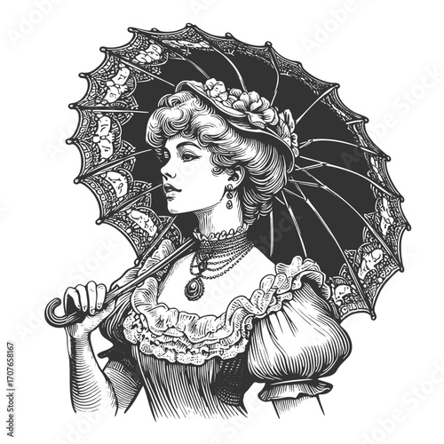 elegant Victorian woman holding a parasol, wearing floral accessories and ornate jewelry sketch engraving generative ai fictional character vector illustration. Scratch board. Black and white image.