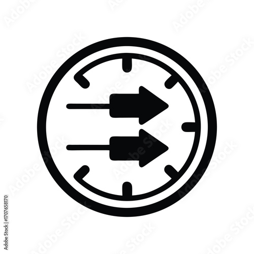 Circular black icon displays two forwardpointing arrows, indicating directionality within its simple geometric form