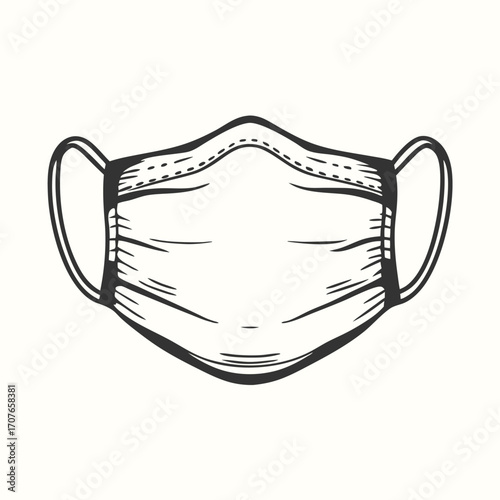 Contoured black lines illustrate a simple formfitting mask with ear loops on a white backdrop