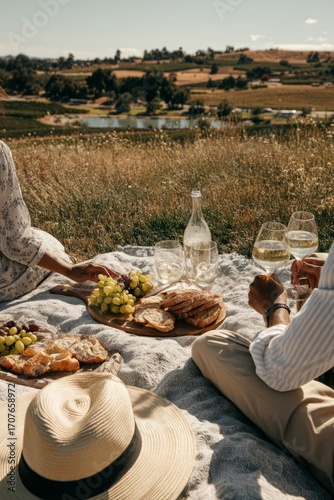 A vineyard hillside picnic with fresh bread and grapes. Employees sip sparkling water under the sun. The mood feels refined and relaxing, Generative AI (
