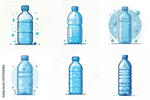 Transparent blue drinking water bottle. Vector, illustration, icon set