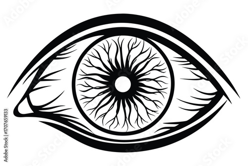 Detailed black line art showcases a surreal eye with treebranchlike patterns