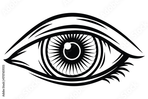 Detailed monochrome eye portrays intricate lines forming stylized lashes and pupil reflections