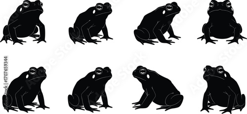 Black frog silhouettes in various poses, amphibian wildlife vector set, tropical animal graphic, jumping and sitting frog illustration, nature design elements collection