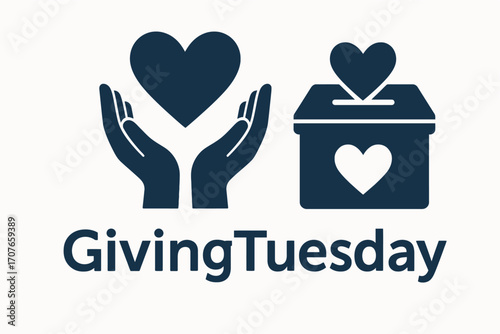 Flat solid color vector illustration for GivingTuesday featuring a heart in open hands and donation box icon. Bold text “GivingTuesday”, clean vector design, white background, stock-safe.