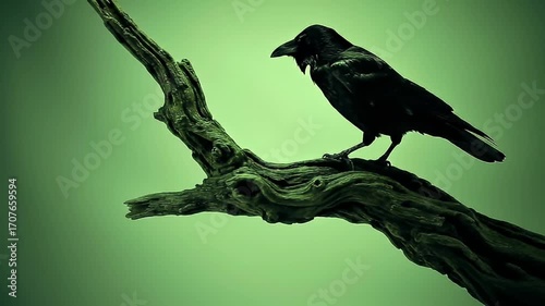 Ominous black bird, possibly a crow or raven, perched on a textured dead branch with a vibrant green screen background, ready for chroma key compositing.
